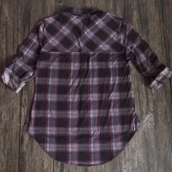TATTOO PLAID Purple, Grey & Black High Low stretchy button up Long Sleeve Top - Picture 4 of 7